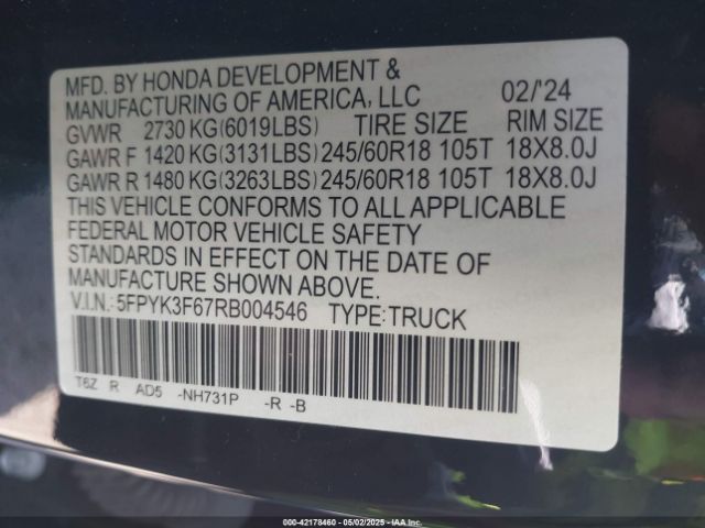 5FPYK3F67RB004546 Honda Ridgeline Trailsport