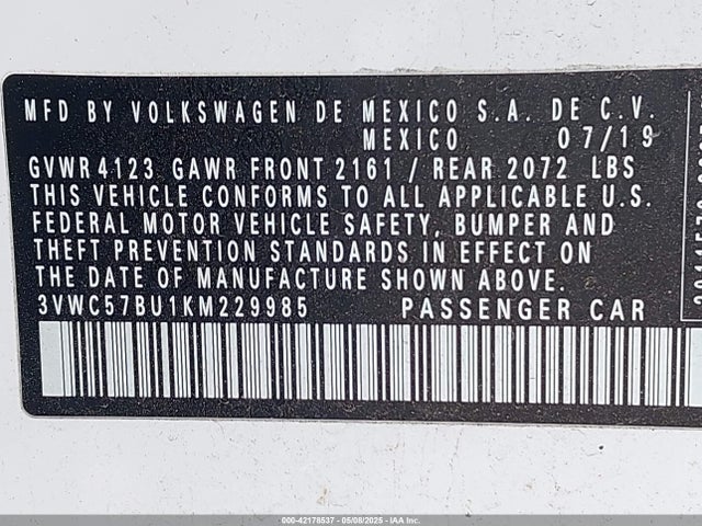 3VWC57BU1KM229985 Volkswagen Jetta 1.4t R-line/1.4t S/1.4t Se