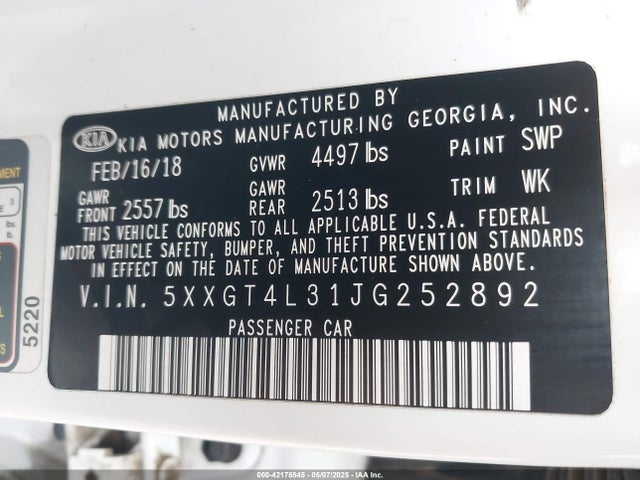 5XXGT4L31JG252892 KIA Optima Lx