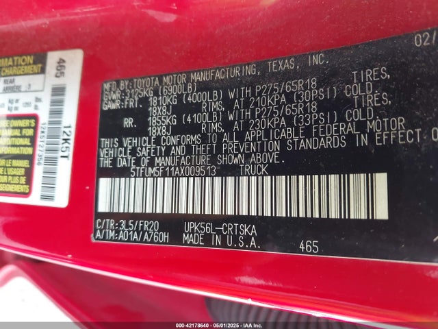 42178640 :رقم المزاد ، 5TFUM5F11AX009513 vin ، 2010 Toyota Tundra Grade 4.6l V8 مزاد بيع
