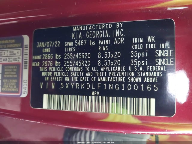 42178651 :رقم المزاد ، 5XYRKDLF1NG100165 vin ، 2022 Kia Sorento Sx مزاد بيع