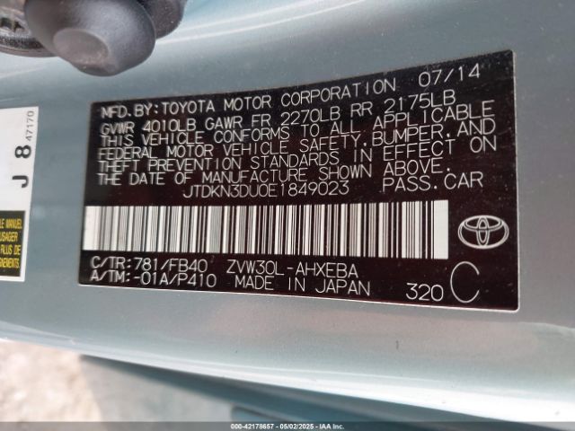 JTDKN3DU0E1849023 Toyota Prius Two