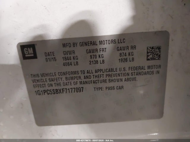 1G1PC5SBXF7177097 Chevrolet Cruze 1lt Auto