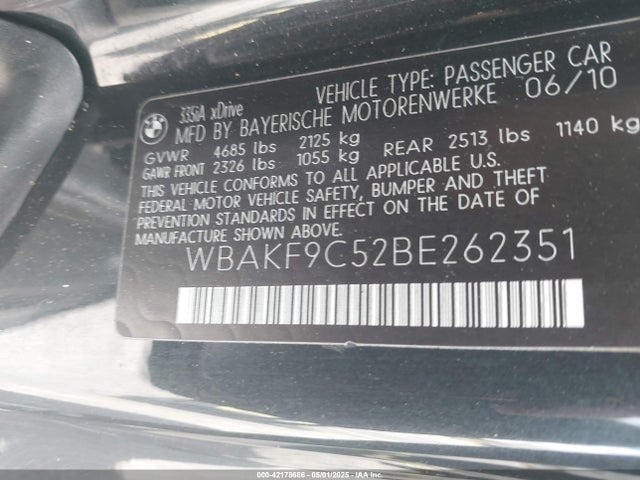 2011 Bmw 335i Xdrive მანქანა იყიდება აუქციონზე, vin: WBAKF9C52BE262351, აუქციონის ნომერი: 42178686
