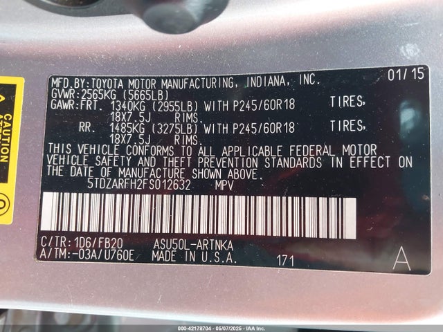 5TDZARFH2FS012632 Toyota Highlander Le