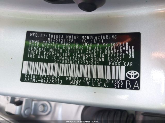 5YFBURHE6FP233011 Toyota Corolla S Plus