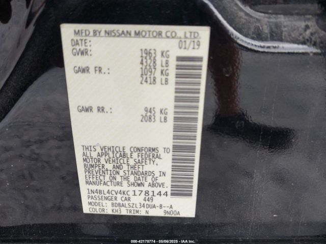 1N4BL4CV4KC178144 Nissan Altima 2.5 Sr