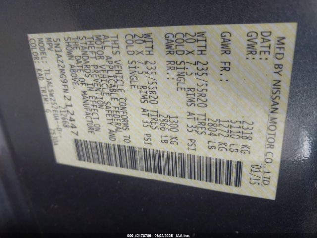 5N1AZ2MG9FN212447 Nissan Murano Platinum