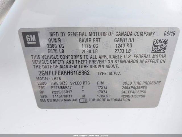 2GNFLFEK6H6105862 Chevrolet EQUINOX LT