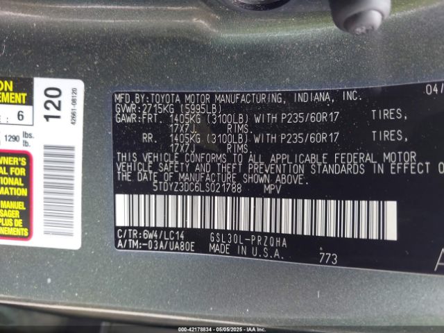 5TDYZ3DC6LS021788 Toyota SIENNA XLE