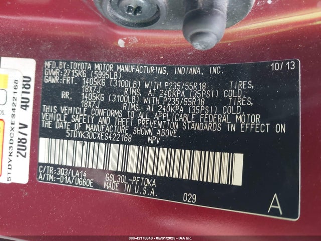 5TDYK3DCXES422168 Toyota Sienna Limited V6 7 Passenger