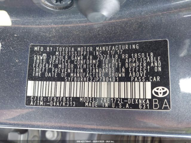 5YFBURHE2JP780401 Toyota COROLLA LE