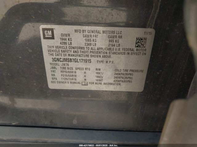 3GNCJMSB7GL171915 Chevrolet TRAX LTZ