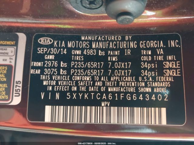 5XYKTCA61FG643402 KIA SORENTO LX