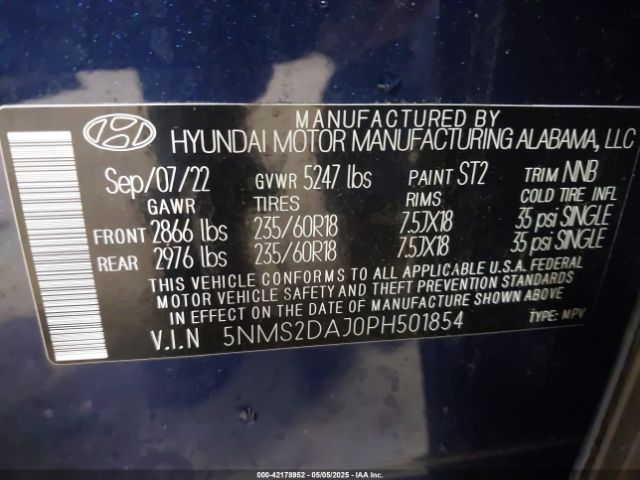 5NMS2DAJ0PH501854 Hyundai Santa Fe Sel