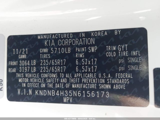 KNDNB4H35N6156173 KIA Carnival Mpv Lx Seat Package