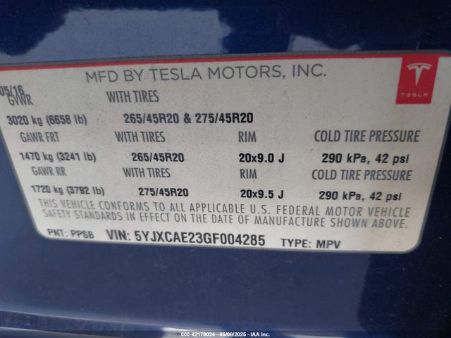5YJXCAE23GF004285 Tesla Model X 60d/70d/75d/90d