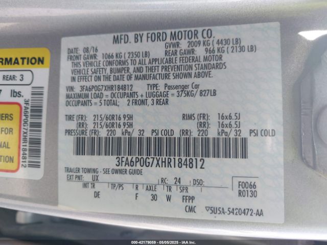 3FA6P0G7XHR184812 Ford FUSION S