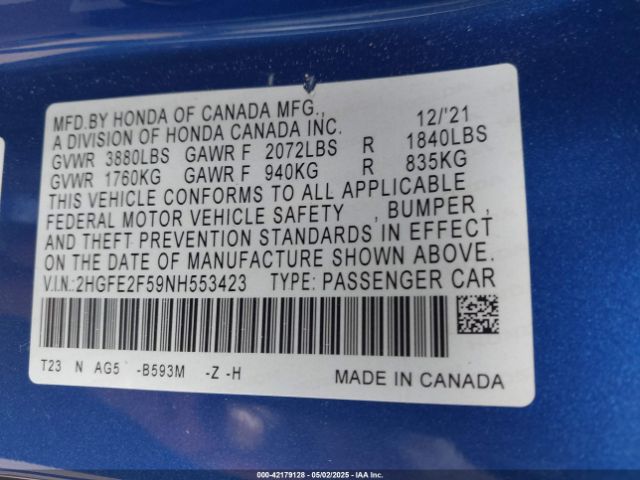 2HGFE2F59NH553423 Honda k20c2