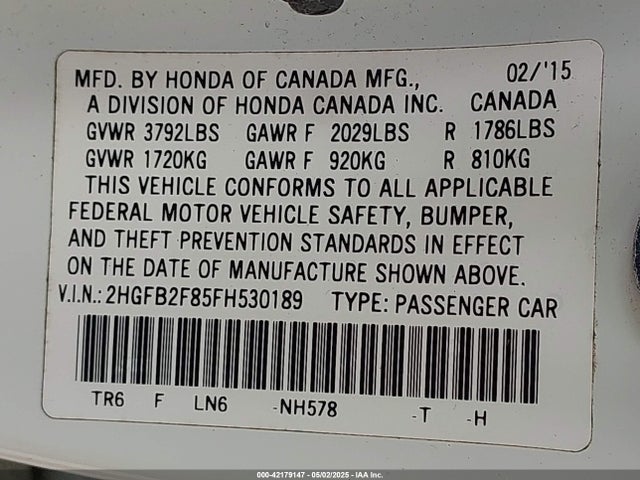2015 Honda Civic Ex მანქანა იყიდება აუქციონზე, vin: 2HGFB2F85FH530189, აუქციონის ნომერი: 42179147
