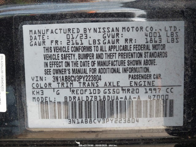 3N1AB8CV3PY223804 Nissan Sentra Sv Xtronic Cvt