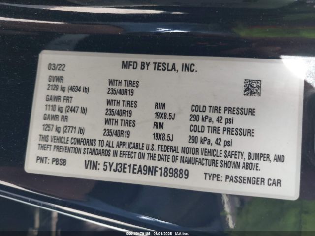 5YJ3E1EA9NF189889 Tesla Model 3 Rear-wheel Drive