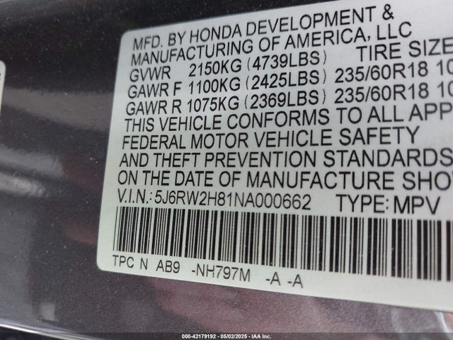 5J6RW2H81NA000662 Honda Cr-v Awd Ex-l