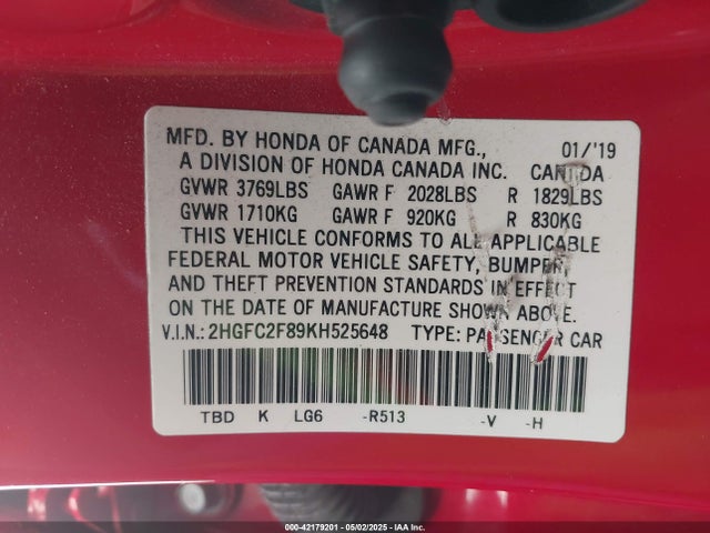 Aukcja sprzedaży 2019 Honda Civic Sport, vin: 2HGFC2F89KH525648, numer aukcji: 42179201