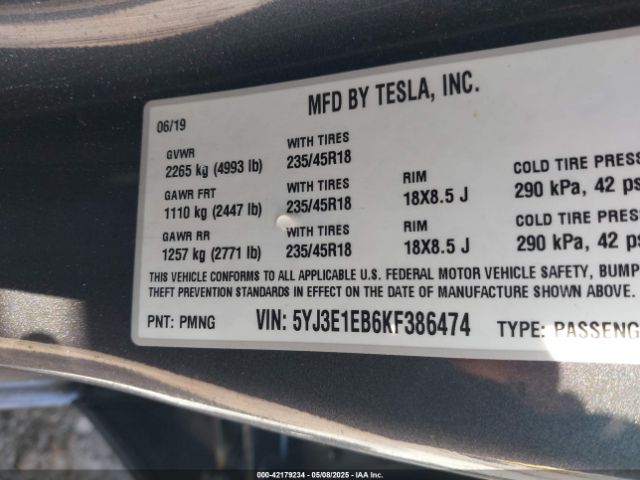 2019 TESLA MODEL 3 5YJ3E1EB6KF386474 Photo 8