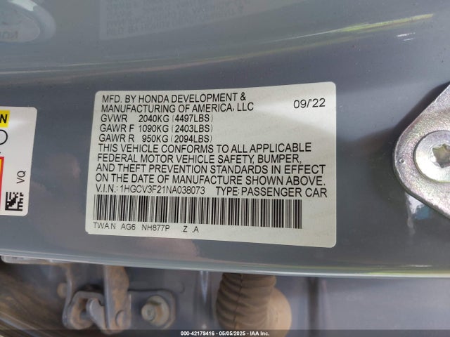 1HGCV3F21NA038073 Honda lfb2
