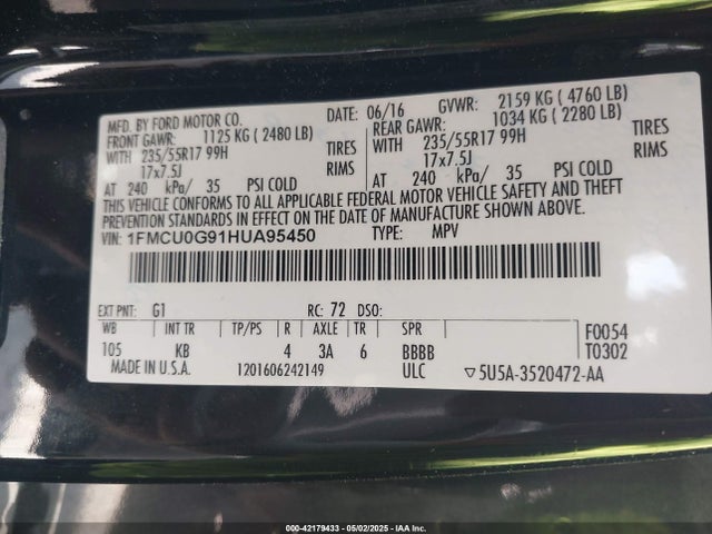 1FMCU0G91HUA95450 Ford ESCAPE SE