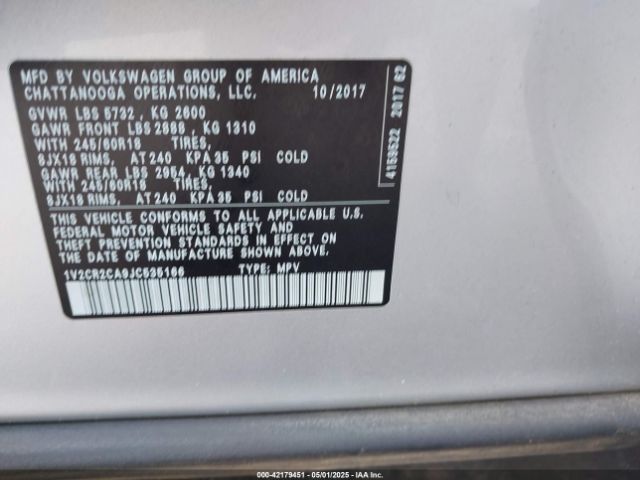1V2CR2CA9JC535166 Volkswagen Atlas 3.6l V6 Se