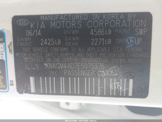 KNAGM4AD7E5075376 KIA Optima Hybrid Lx