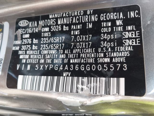 5XYPG4A36GG005573 KIA Sorento 2.4l Lx