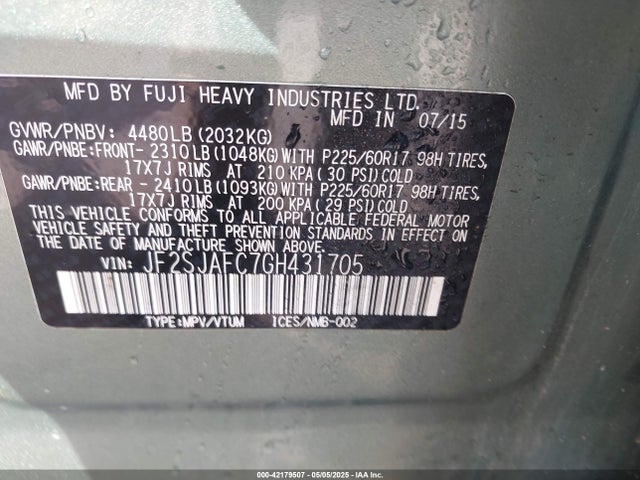 Subaru naturally aspirated u5 2016 JF2SJAFC7GH431705 Image 9