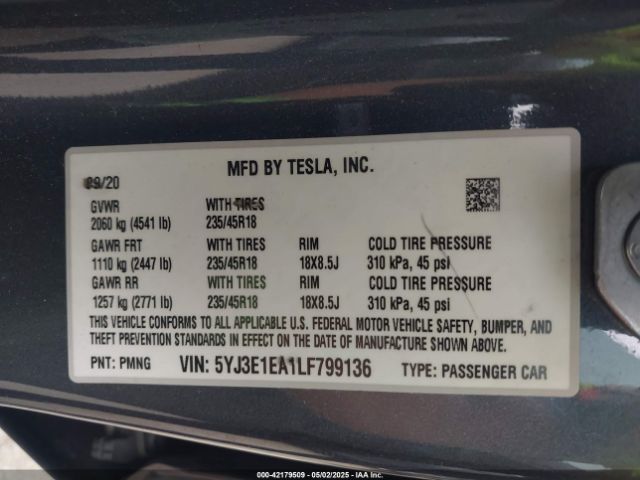 2020 TESLA MODEL 3 5YJ3E1EA1LF799136 Photo 8