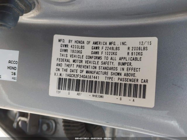 1HGCR2F34GA087441 Honda k24w1