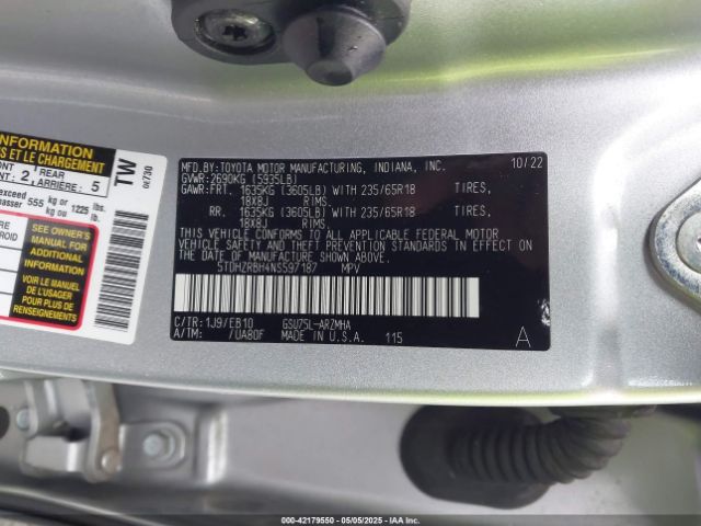 5TDHZRBH4NS597187 Toyota Highlander Xle