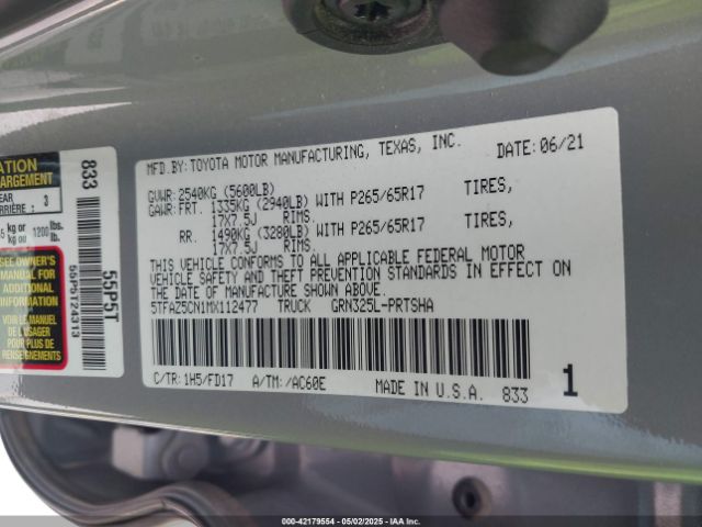 5TFAZ5CN1MX112477 Toyota 2gr-fks
