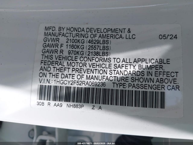 1HGCY2F52RA069236 Honda lfc5