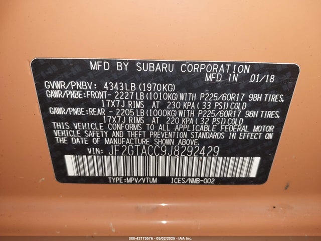 JF2GTACC9J8292429 Subaru Crosstrek 2.0i Premium
