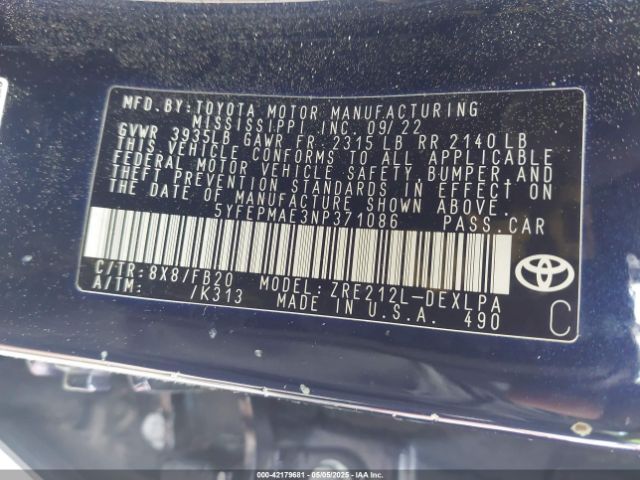 5YFEPMAE3NP371086 Toyota COROLLA LE