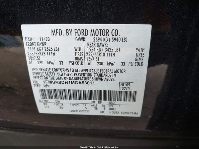 1FMSK8DH1MGA53011 Ford EXPLORER XLT