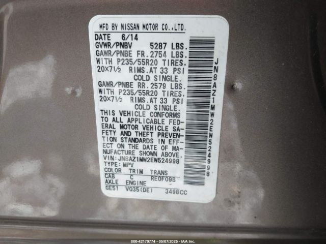 JN8AZ1MW2EW524998 Nissan Murano Le
