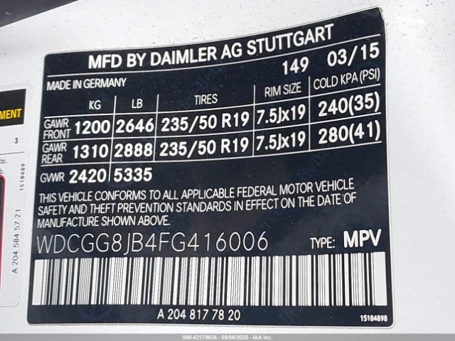WDCGG8JB4FG416006 Mercedes-Benz Glk 350 4matic