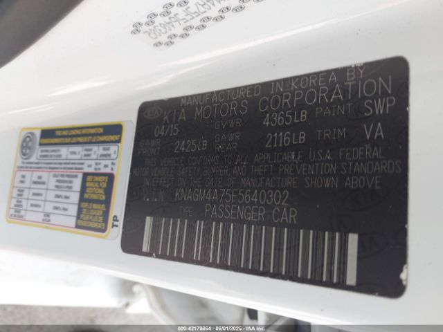 KNAGM4A75F5640302 KIA Optima Lx