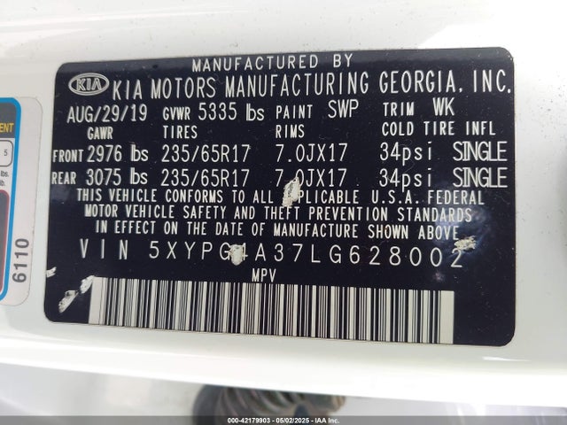 5XYPG4A37LG628002 KIA Sorento 2.4l Lx