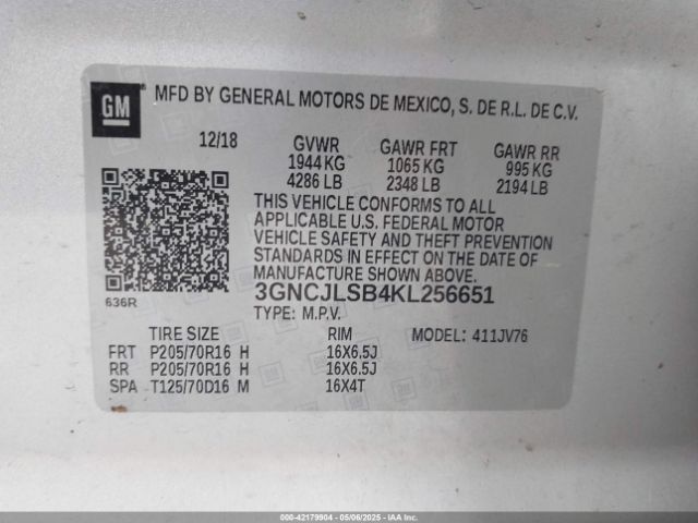 3GNCJLSB4KL256651 Chevrolet Trax Lt