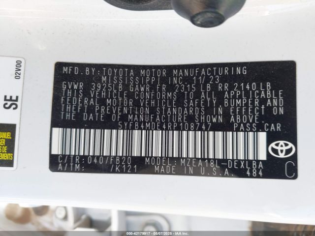 5YFB4MDE4RP108747 Toyota COROLLA LE