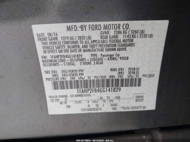 1FAHP2F84GG141829 Ford Taurus Limited